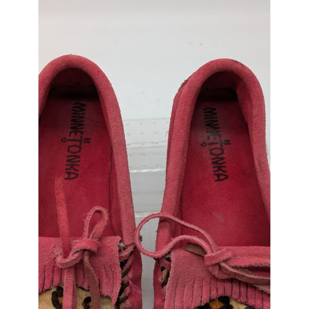 Minnetonka Girls Moccasins Size 1 Pink Suede Leopard Print Fringe Shoes
